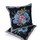 Set of Two 16" X 16" Black and Blue Botanical Indoor Outdoor Throw Pillow