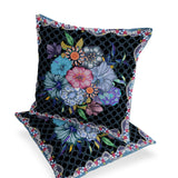 Set of Two 16" X 16" Black and Blue Botanical Indoor Outdoor Throw Pillow