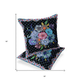 Set of Two 16" X 16" Black and Blue Botanical Indoor Outdoor Throw Pillow