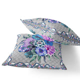 Set of Two 16" X 16" Beige and Blue Botanical Indoor Outdoor Throw Pillow