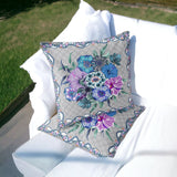 Set of Two 16" X 16" Beige and Blue Botanical Indoor Outdoor Throw Pillow