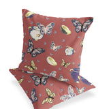 Set of Two 16" X 16" Blue and Orange Butterfly Indoor Outdoor Throw Pillow