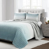 King Size, Aqua, Grey,  Ombre,  Crinkle,  3 Piece, Quilt Set