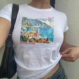 Amalfi Coast Baby Tee, Vintage Postcard Graphic Tee, Italian Girl Summer Cotton Fashion
