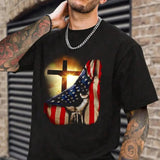 American Christian Cross Patriotic Flag T-Shirt Casual Style Crew Neck Short Sleeve T-Shirt Tops Trendy for Unisex