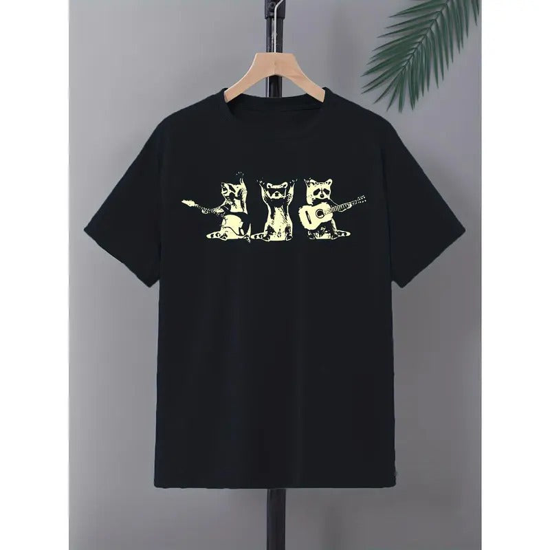 Animal With Guitars Print Men's Crew Neck Fashionable Short Sleeve Sports T-shirt, Comfortable And Versatile, For Summer And Spring, Athletic Style, Comfort Fit T-Shirt, As Gifts Made in USA