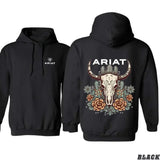 Ariat Hoodie, Featuring A Bull Skull Design With Unique Cactus Floral Patterns, Perfect For Outdoor Adventures, Casua