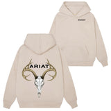Ariat Sweatshirt Hoodie Tshirt- Featuring a bold large antler deer skull design, ideal for hunting and outdoor activities, providing warmth and standout style. Unisex.