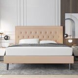 King size, Beige Linen, Platform Bed, Frame, Button Tufted, Headboard