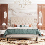 Queen Size Beige Linen Upholstered Platform Bed with Button-Tufted Headboard