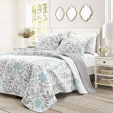 King Size, Blue, Grey, Flowers, Light/Thin, Quilt, Set