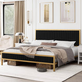 Queen size, Gold Metal, Platform Bed, Frame, Black Velvet, Upholstered Headboard