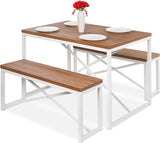 Modern 3-Piece Dining Set Wood Top White Metal Frame Table and 2 Bench Chairs