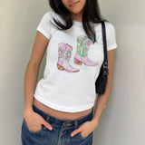 Baby Tee Cowboy Western Cowgirl Boots Baby Tee Yee Haw T-Shirt Y2k Aesthetic Baby Tee Vintage Graphic Baby Tee Trendy Graphic Baby Tee y2k