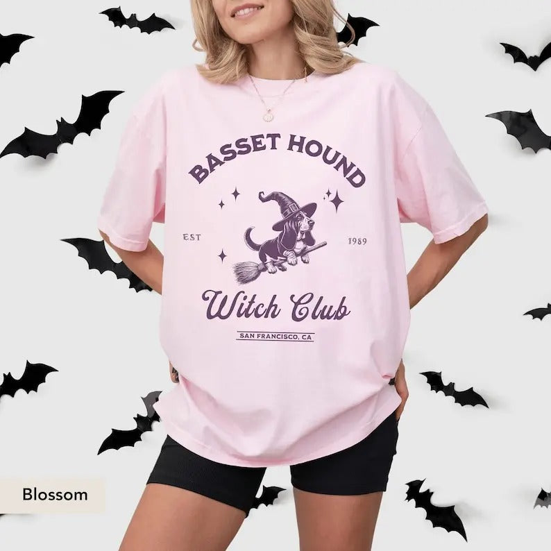 Basset Hound Witch Club Comfort Colors Shirt, Basset Hound Halloween, Basset Hound Shirt, Basset Hound, Basset Hound Gifts, halloween Dog Shirt Casual Cotton Fabric Jersey