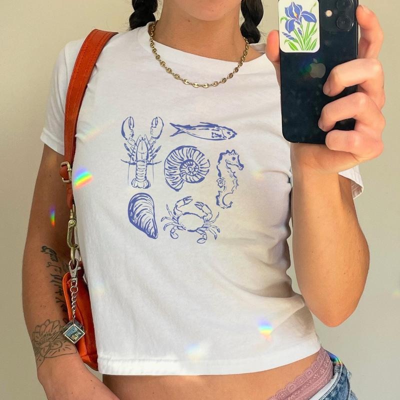 Beach Illustration Baby Tee, Cute Ocean Sea Shell Tee, Coastal Graphic Sea Life Top, Vintage Summer Crop Top