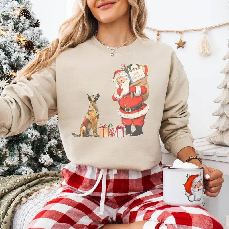Belgian Malinois Vintage Santa Sweatshirt, Belgian Malinois Christmas, Belgian Malinois sweatshirt, Belgian Malinois, Malinois gift