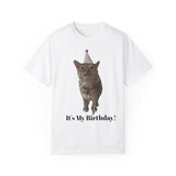 Birthday Cat T-shirt, Fun Pet Apparel, Unique Gift for Cat Lovers, Party Outfit, Unisex T-Shirt Casual Cotton Fabric Man