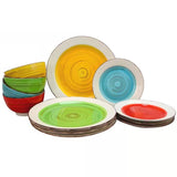 12-Piece, Ceramic, Dinnerware Set, Blue, Red, Yellow, Green, Beige, Service for 4