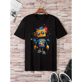 Cartoon Robot Print T-shirt, Men's Casual Street Style Stretch Round Neck Tee Shirt For Summer Made in USA