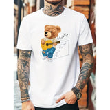 Casual Design Men's Cartoon Style Toy Bear Guitar Player Pattern Crew Neck Short Sleeve T-shirt, Chic And Stylish Tops For Summer Leisurewear And Sports Wear Made in USA