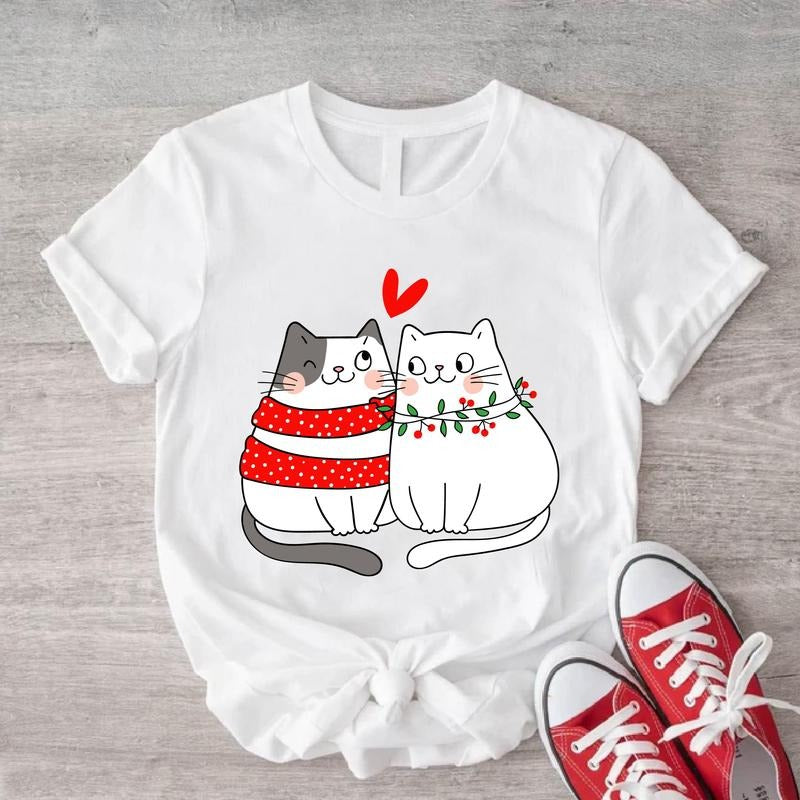 Cat Couple Shirt, Valentines Day Cat Owner T-shirt, Cats Lover Gift Tee, Gift For Girlfriend, Cat Hearts Short Sleeve, Matching Couples Tee, Meowy Valentine Shirt. Cotton Cute