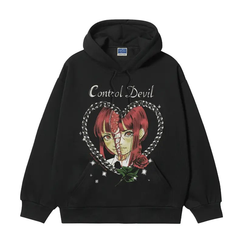 Chainsaw Man "Chopping Makima" Heavyweight Vintage Hoodie Cotton Blend Classic Anime Sweatshirt Menswear Tops Pullover Long Sleeve Casual Biker Black Print Oversize Oversized Crewneck