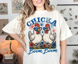 Chicka Boom Boom Shirt, Funny Patriotic Chicken 4th of July Humor Tee, Retro Farm Vibes Red White and Blue Gift, Rooster Fireworks USA Shirt Casual Cotton