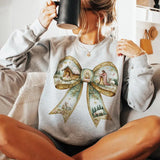 Christmas Nativity Bow Graphic Long Sleeve Sweatshirt, Cozy Holiday Outfit Hoodie, Religious Christmas Apparel T-Shirt Fabric Fleece