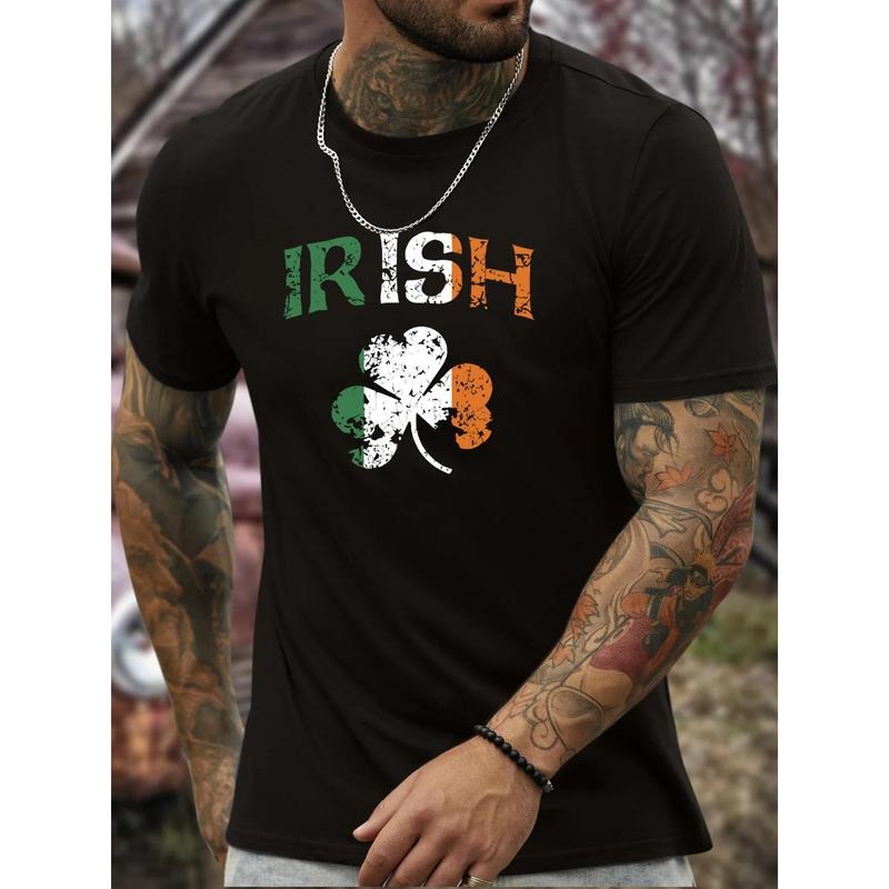 Clover Graphic Irish Print T-shirt, Tees For Men, Breathable Street Trendy Fashion, Comfortable Round Neck T-shirt, Casual Short Sleeve Top For Summer Made in USA