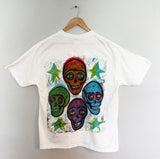 Color Woodcut Skulls Hand Printed Limited Edition T Shirt with Vibrant Design and Stars Casual Menswear