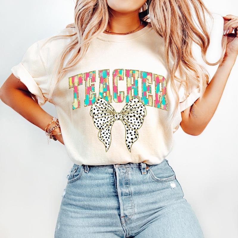 Colorful Coquette Teacher T-Shirt, Retro Teacher, Coquette Teacher Bow Dalmatian Dots, brushstroke, Gift for Teacher, Teacher Life