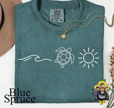 Comfort Colors Blue Spruce Ocean Themed Unisex Tshirt in Summer Style Featuring Turtle Sun & Wave Design Soft Preshrunk Cotton