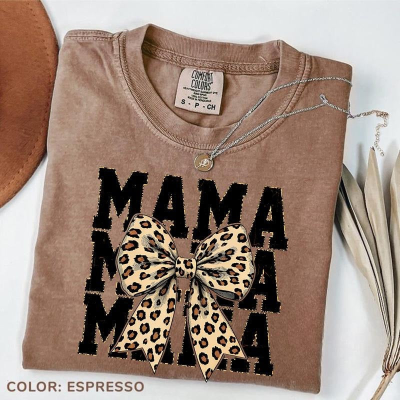 Comfort Colors Leopard Print Mama Shirt, Coquette Cheetah Bow Mom Tee, Trendy Wild Mama Graphic T-Shirt, Animal Print Mom Life Gift