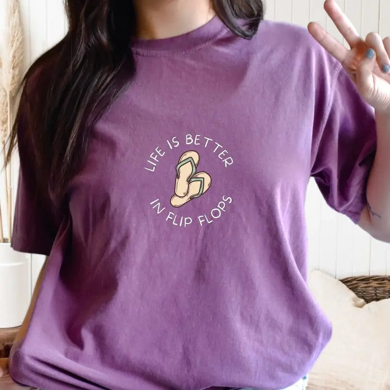 Comfort Colors Minimal Life Is Better In Flip Flops Shirt, Beach Life T-Shirt, Cute Summer Shirt, Beach Bum Shirt, Summer Camping Shirt Cotton Fabric Top Traditional Womenswear Collar