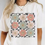 Comfort Colors Retro Checkered Flower Shirt, Retro Flowers Tshirt, Comfort Summer Shirt, Boho Flower Shirt, Boho Hippie Tee, Trendy Summer Graphic Tee