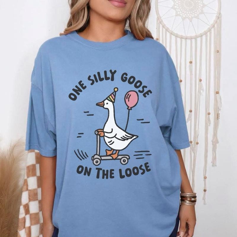 Comfort Colors Silly Goose Women's Short Sleeve Casual Cotton Graphic T-Shirt with "ONE SILLY GOOSE ON THE LOOSE" Design - Top, Womenswear