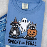 Comfort Colors Spooky and Feral Funny Halloween Raccoon Women's Short Sleeve Casual Cotton Graphic T-Shirt - Womenswear