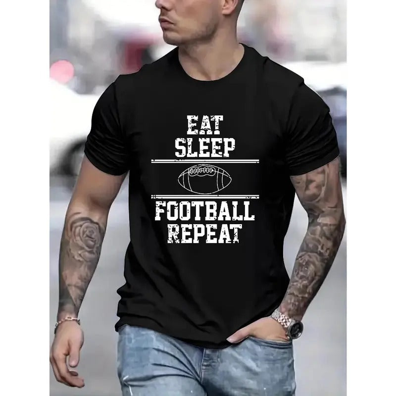 Comfy Football Fan Tee - Soft, Breathable, Stretchy Crew Neck Short Sleeve T-Shirt for Men - Casual, Relaxed Fit, Letter Print Design, Ideal for Everyday Wear Made in USA