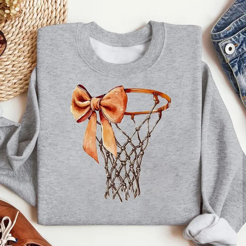 Coquette Bow Basketball Game Day Hop Crewneck Sweatshirt, Basketball Mama, Basketball Mom, Coquette Basketball Game Day, For Men, For Women, Casual Classic Fashion Cotton