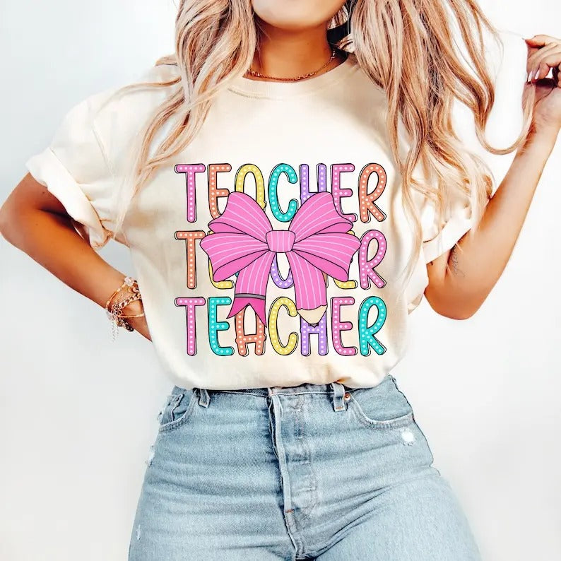 Coquette Teacher t-shirt, Back to School shirt,Teacher Appreciation Gift, Bright Doodle Dots, First Day of School tee , Retro Teacher shirt,Teacher Life, Trending shirt, Gift for him