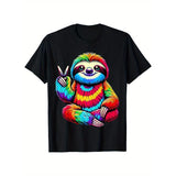 [Cotton Sloths Print Tee] Men's Cotton Graphic Tee - Sloths Print Crew Neck Short Sleeve T-shirt, Casual Outdoor Clothes Made in USA