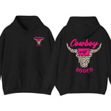 Cowboy Rodeo Hoodie & T-Shirt - Western Bull Skull with Pink Leopard Print, Trendy Graphic Streetwear for Rodeo Fans and Country Style Lovers