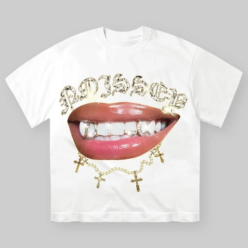 Cross Shiny Lip Print T-shirt, Vintage Graphic Tee, Y2k Clothing, Unisex Cotton Crewneck T-Shirt - Medium, Short Sleeve, Casual Streetwear Printed Tee