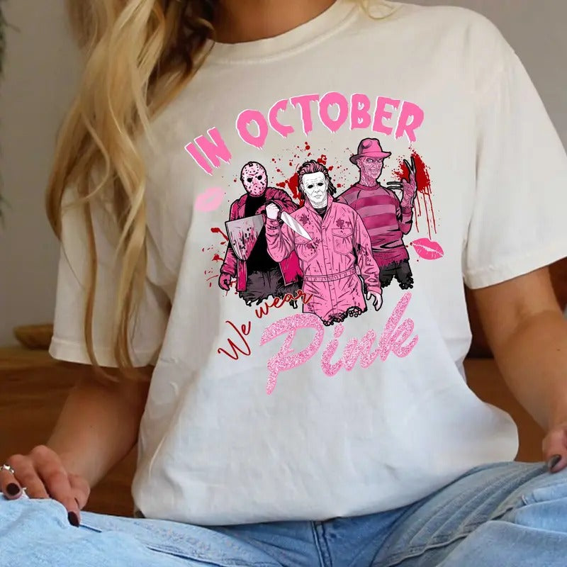 Cute In October We Wear Pink Shirt, JasonVoorhees Micheal Myers Chucky Tee, Vintage Shirt Hoodie Sweatshirt For Halloweenstyle{n002}2