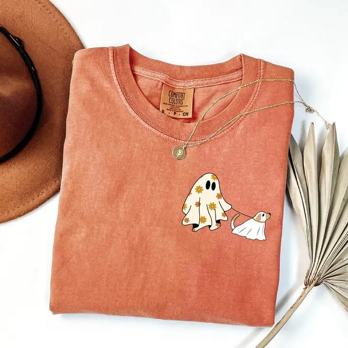 Сute Ghost Dog Comfort Colors Shirt, Dog Lovers Halloween Gift, Halloween Dog Shirt, Spooky Season, Women Halloween Shirt Soft Top
