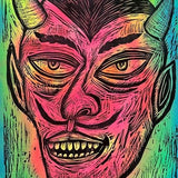 Devil Head Woodcut Printed on Painted and Shaped Wooden Panels Decor