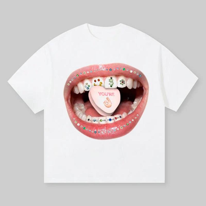 Diamond Grills Pills Print Tee, Vintage Graphic Tee, Y2k Clothing, Unisex Cotton Crewneck T-Shirt - Medium, Short Sleeve, Casual Streetwear Printed Tee
