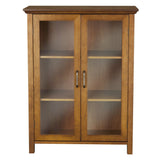 Oak Finish Bathroom Floor Cabinet with 2 Glass Doors &amp; Storage Shelves