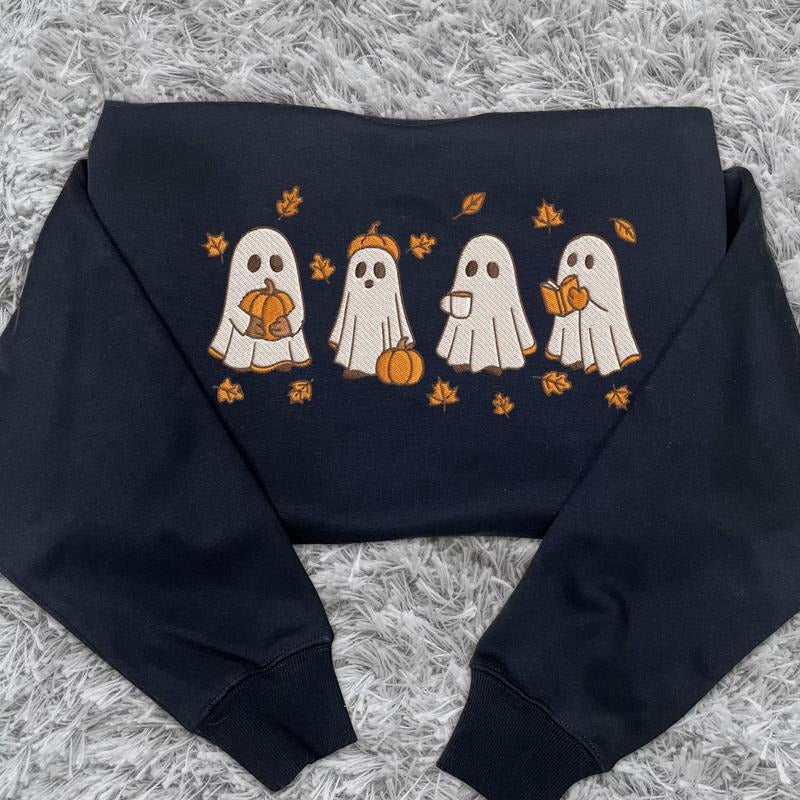 Embroidered Spooky Fall Sweatshirt, Vintage Halloween Pumpkin Spooky Season Sweater, Ghost And Pumpkin T-shirt, Halloween Gifts